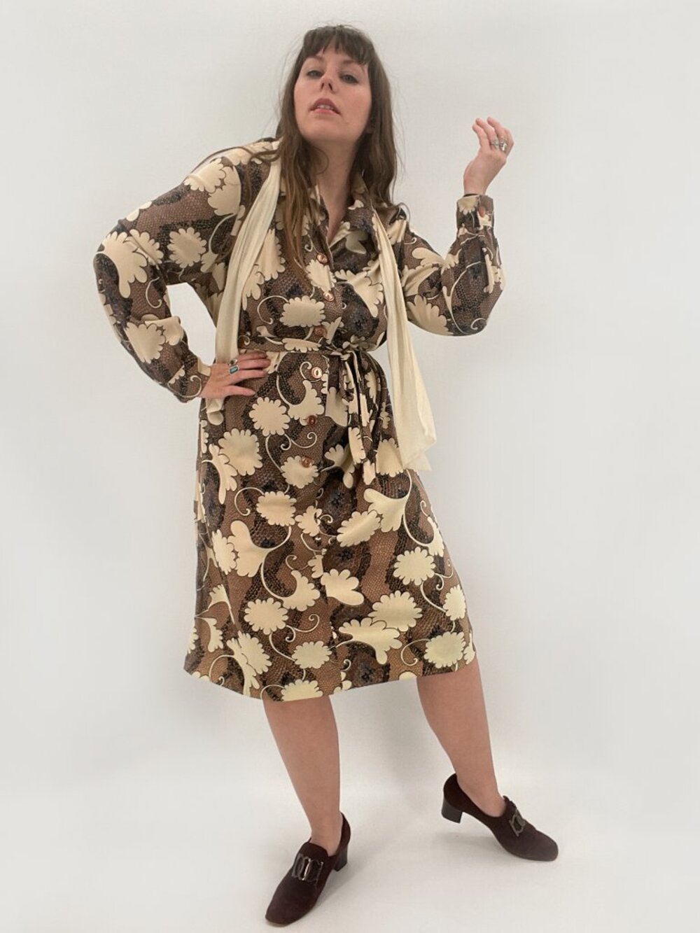 Vintage Novelty Print 70s does 20s Brown Printed Belted Dress | Size M-XL